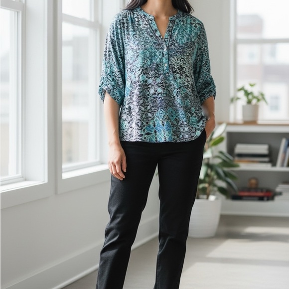 Westport Teal Mosaic Henley Tunic Size 1X - Picture 2 of 5